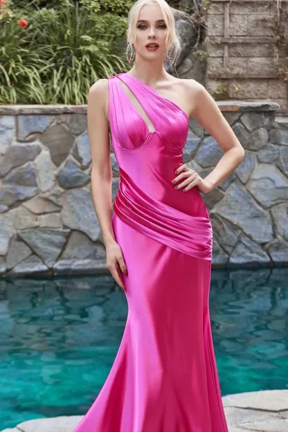 Simple Fuchsia One Shoulder Sleeveless Mermaid Prom Dress with Pleated