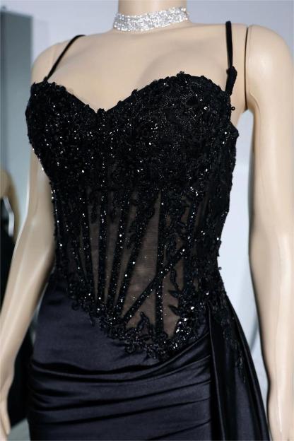 Exquisite Black Spaghetti Strap Sleeveless Pleated Long Split Prom Dress With Beading