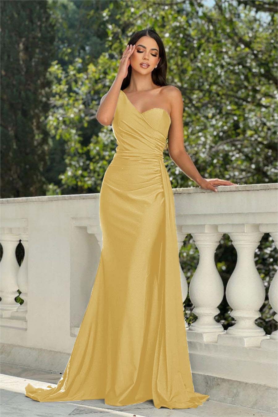 One Shoulder Sleeveless Long Mermaid Prom Dress With Pleated