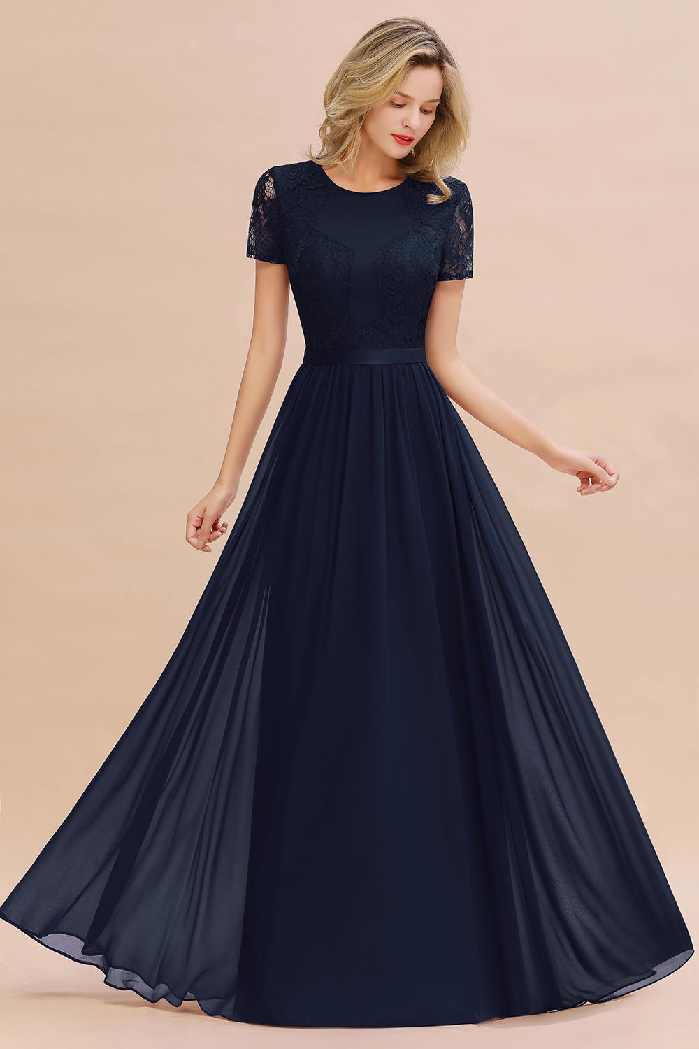 BMbridal Elegant Chiffon Lace Jewel Short-Sleeves Affordable Bridesmaid Dress-BMbridal