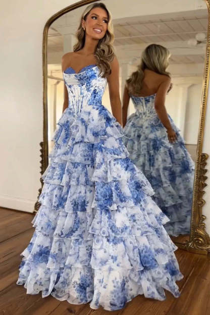 Blue Strapless Silk Chiffon Corset Floral Prom Dress