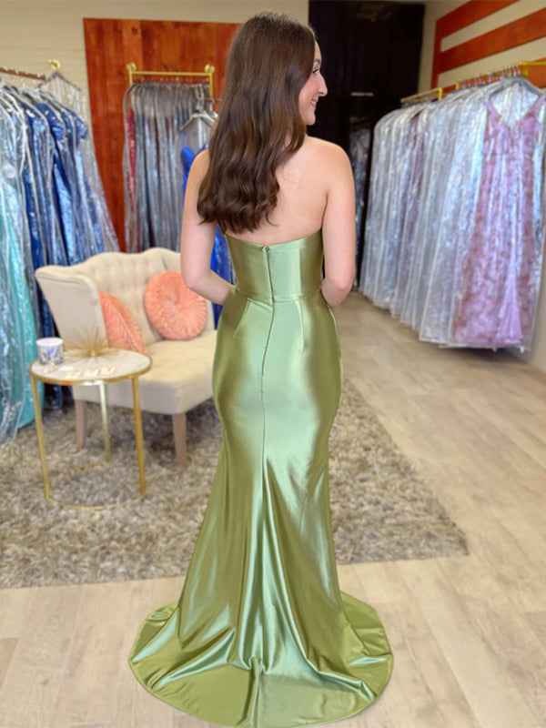 Green Mermaid Strapless Pleated Long Prom Dress with Slit