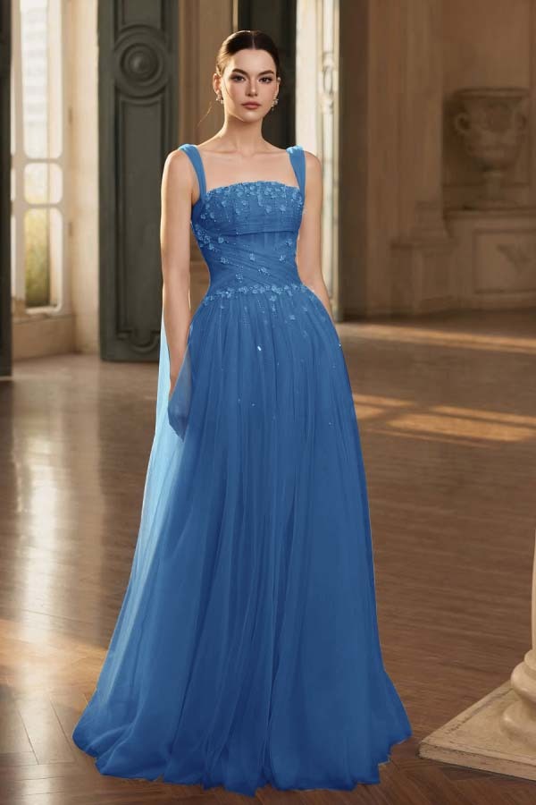 Stunning Tulle Straps Sleeveless Long Prom Dress With Beading