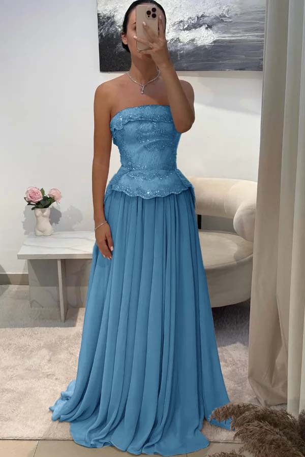 Chic Strapless Sleeveless Long Prom Dress With Pleated Beading