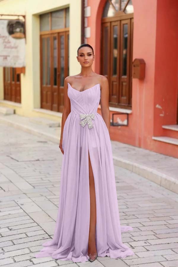 Strapless Sleeveless Long Split Prom Dress With Pleated Beading