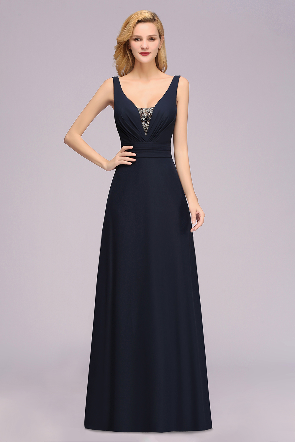 BMbridal Modest Chiffon V-Neck Long Bridesmaid Dress Online with Beadings-BMbridal