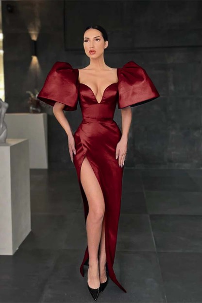 Charming Mermaid Royal Blue V Neck Pleated Long Prom Dress With High Split