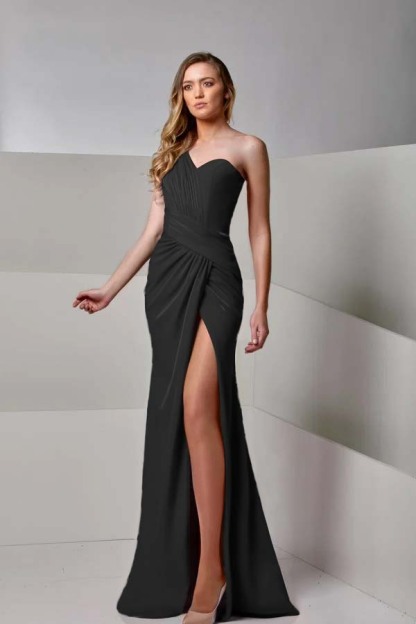 One Shoulder Sleeveless Long Mermaid Split Prom Dress With Pleated