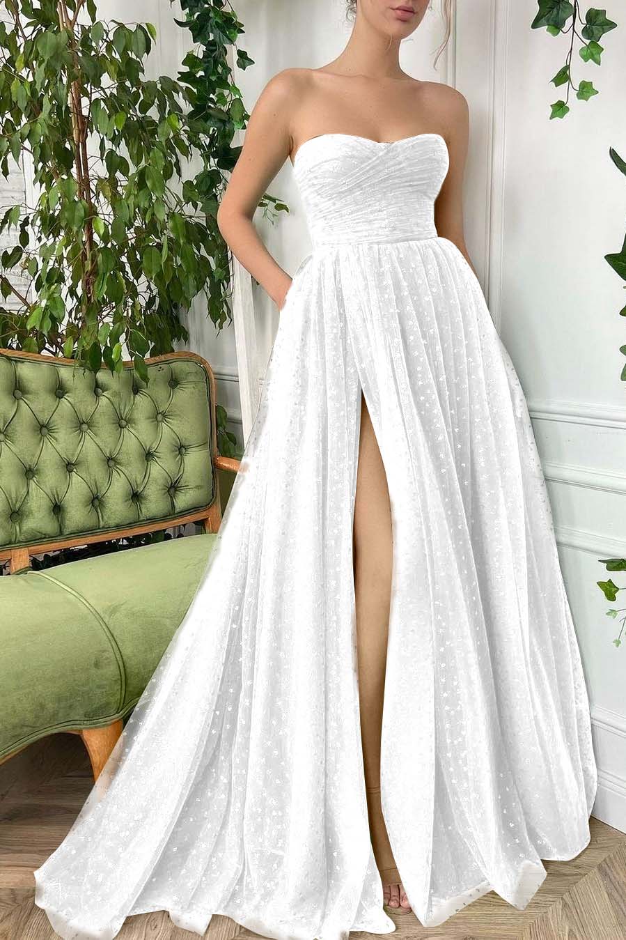 Tulle Sleeveless Strapless Long Split Prom Dress With Pleated