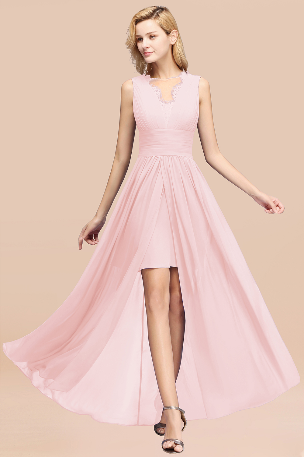 BMbridal Elegant Chiffon Lace Jewel Sleeveless Bridesmaid Dress with Ruffle-BMbridal