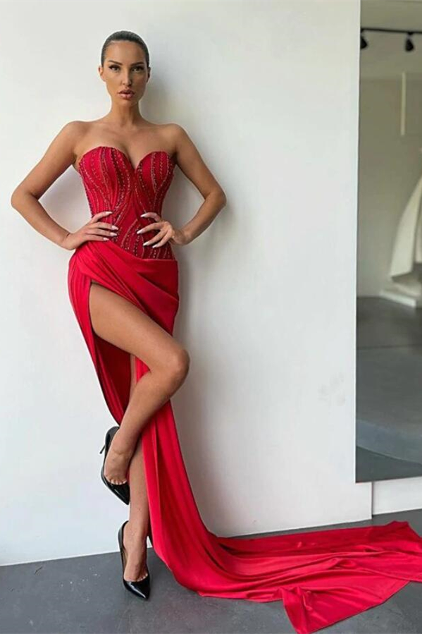 Red Sweetheart Sleeveless Long Prom Dress Mermaid Beadings With High Split