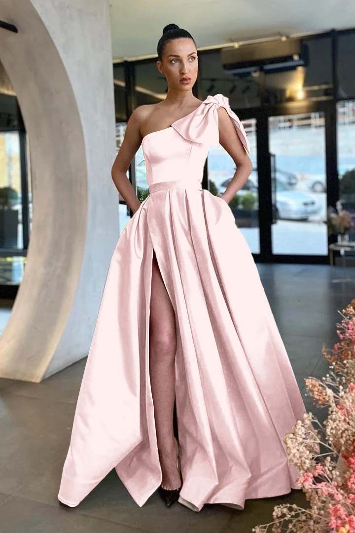 One Shoulder Sleeveless Long Split Prom Dress With Pockets Pleated