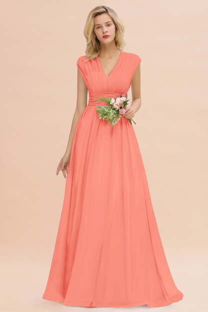 BMbridal Elegant Chiffon V-Neck Ruffle Long Bridesmaid Dresses Affordable-BMbridal