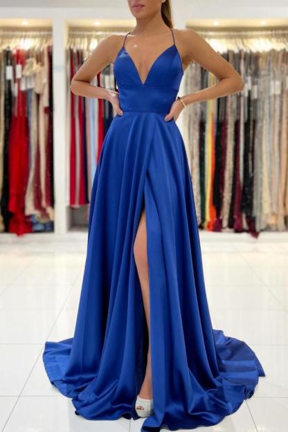 Stunning Royal Blue Modern Sleeveless V Neck Prom Dress With Front Split