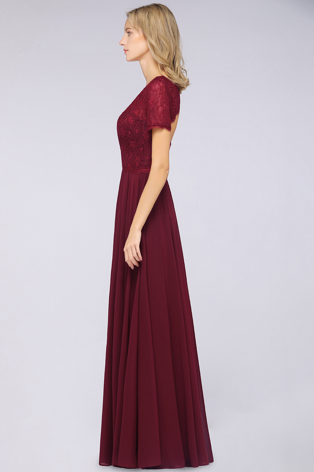 BMbridal Chic Lace Long Burgundy Backless Bridesmaid Dress With Short-Sleeves-BMbridal