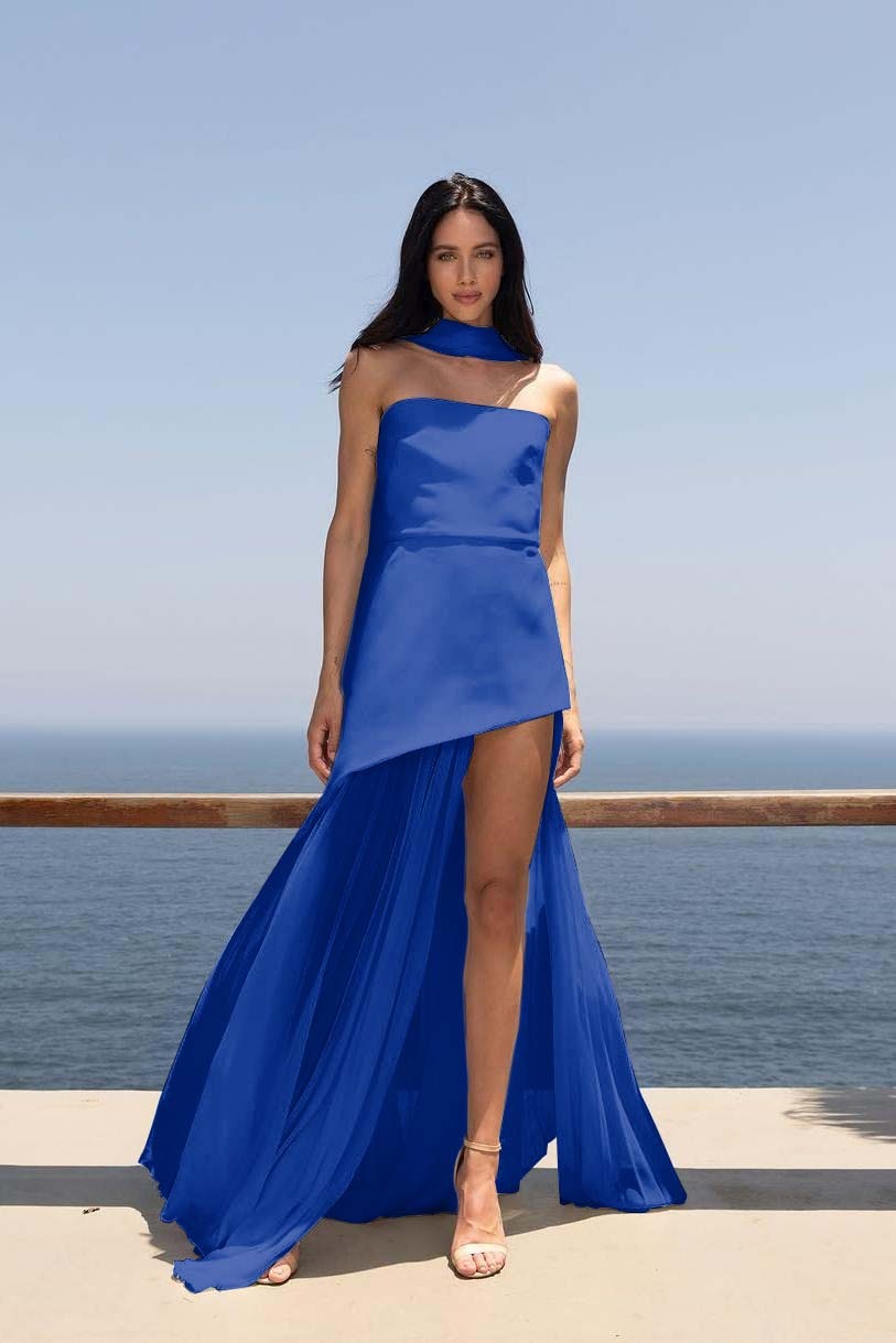 Strapless Sleeveless Split Long Prom Dress With Pleated Tulle