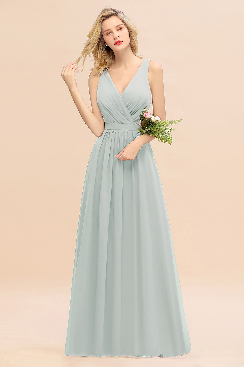 BMbridal Affordable V-Neck Ruffle Long Grape Chiffon Bridesmaid Dress with Bow-BMbridal