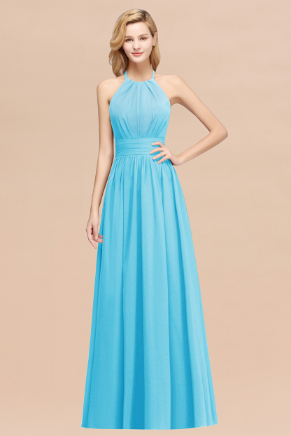 BMbridal Elegant High-Neck Halter Long Affordable Bridesmaid Dresses with Ruffles-BMbridal