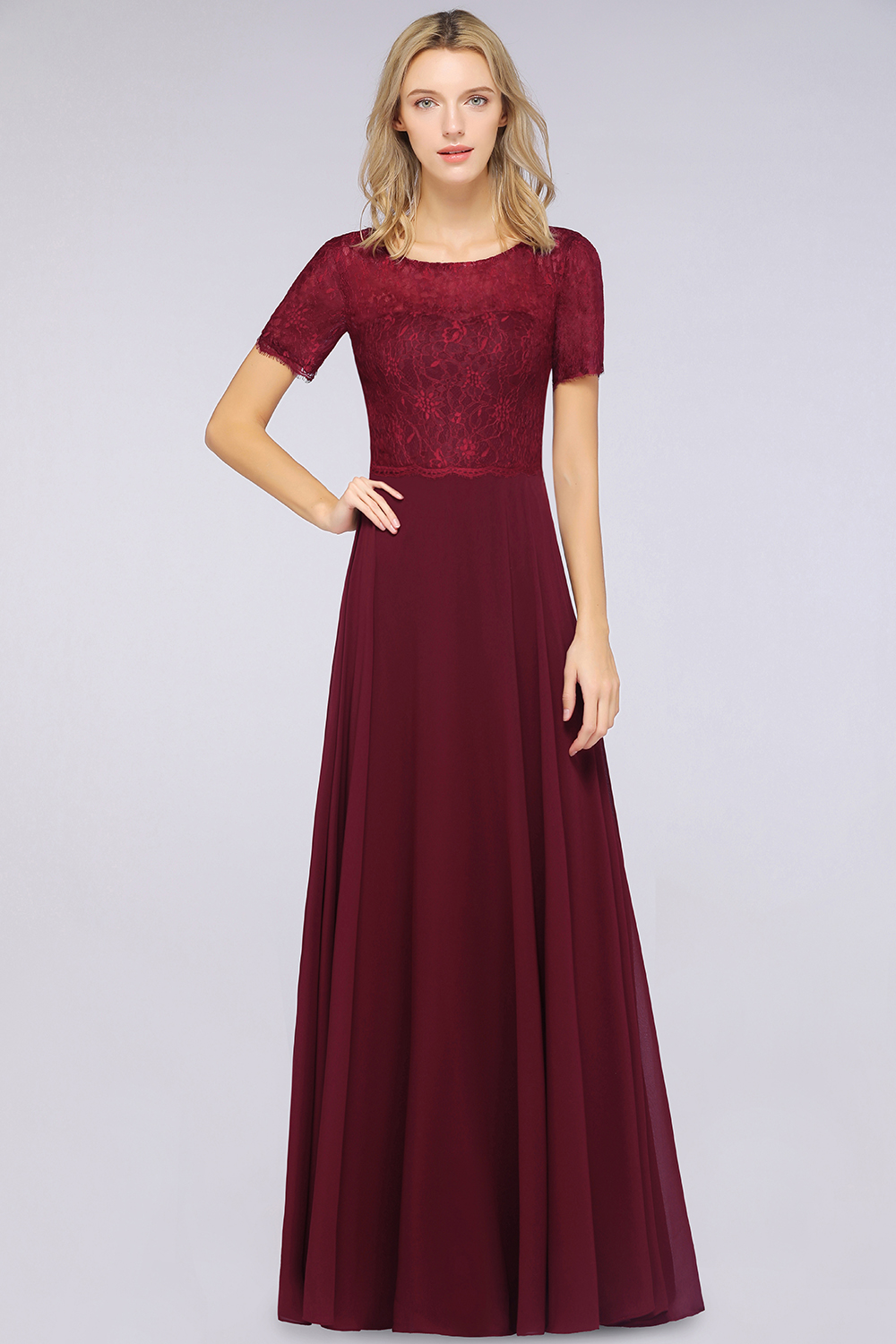BMbridal Chic Lace Long Burgundy Backless Bridesmaid Dress With Short-Sleeves-BMbridal