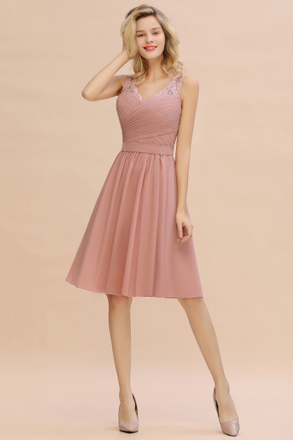 BMbridal Affordable V-Neck Sleeveless Ruffles Short Lace Bridesmaid dresses Online-BMbridal