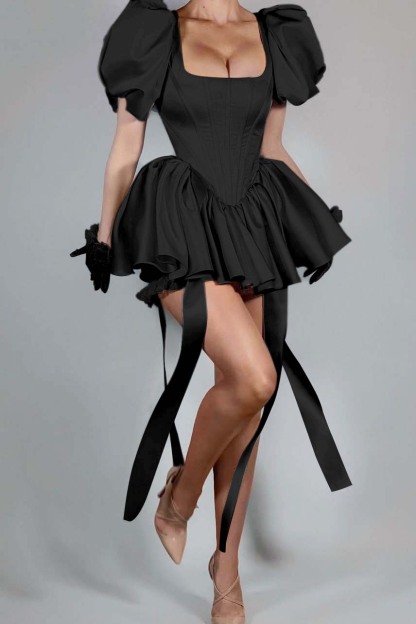 Bubble Sleeves Square Neck Short Prom Dress With Ruffles Pleated