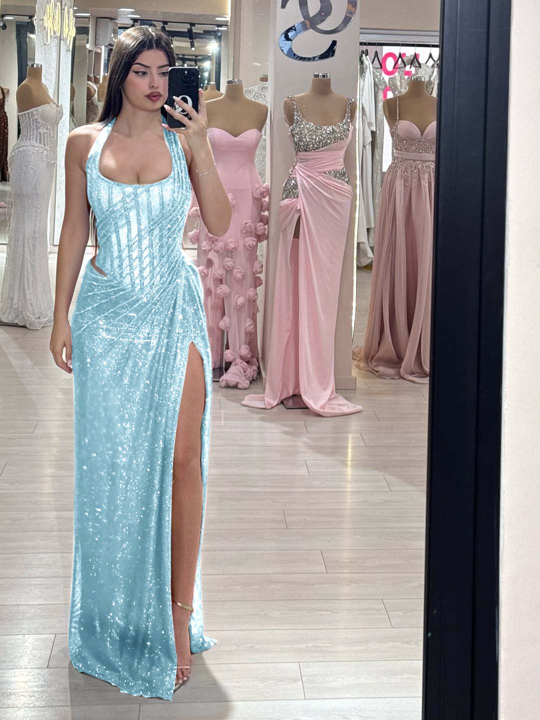 Sequins Halter Sleeveless Long Mermaid Prom Dress With Split
