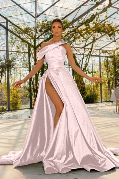 Green Sleeveless Prom Dress One Shoulder Satin With High Split