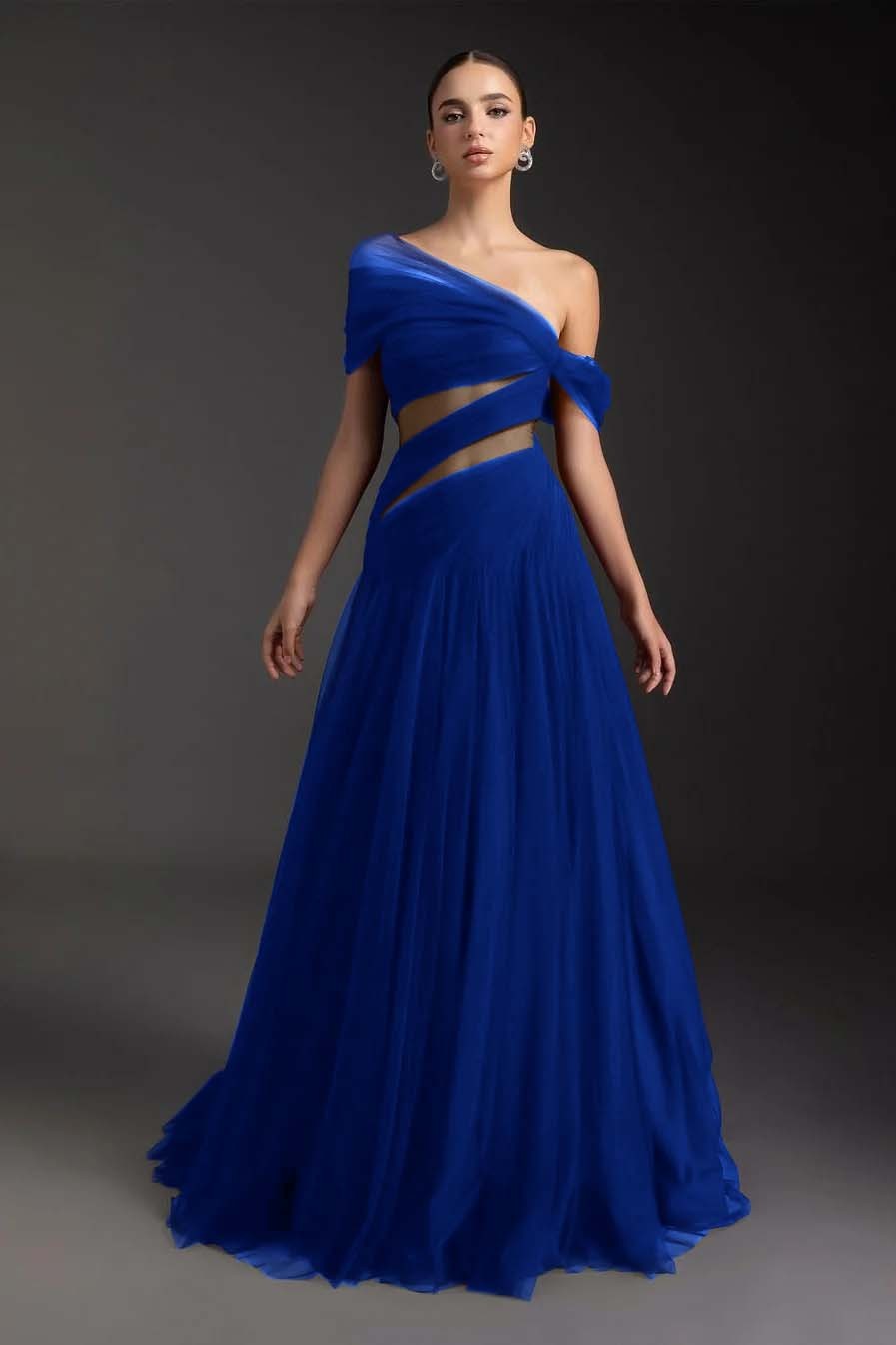 Glamorous Tulle One Shoulder Sleeveless Long Prom Dress With Pleated