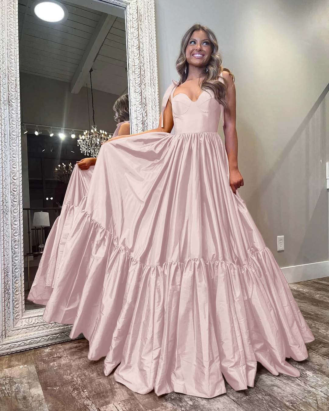 Sleeveless Straps Sweetheart Long Prom Dress With Ruffles Pleated
