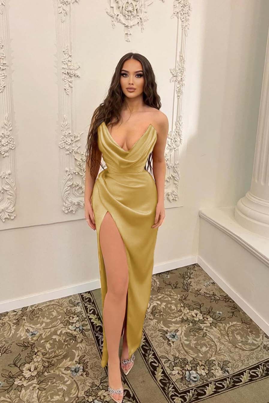 Sleeveless Strapless Long Mermaid Split Prom Dress With Pleated