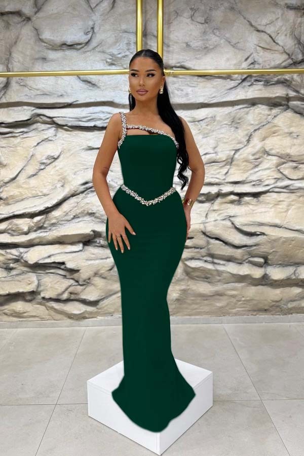 Sleeveless One Shoulder Long Mermaid Prom Dress With Beading
