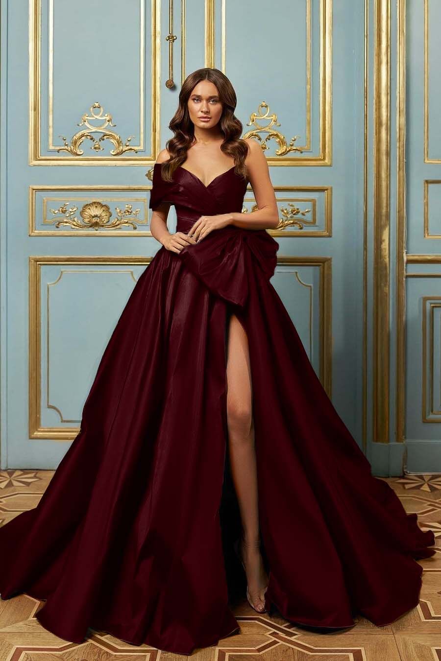 One Shoulder Sleeveless Long Split Prom Dress With Pleated Bowknot