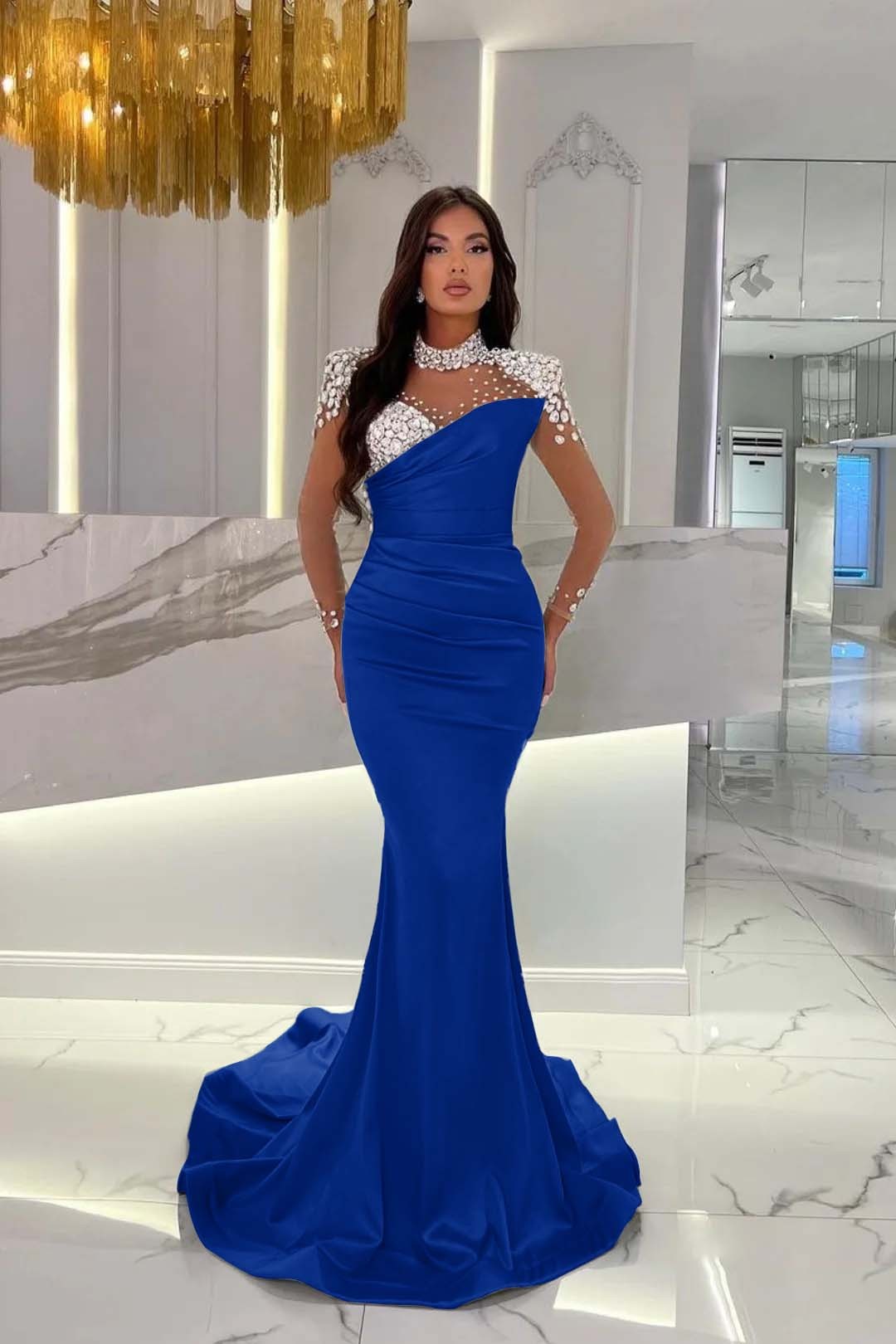 Dusty Blue Prom Dress Long Mermaid Tulle With Beading Ruffles