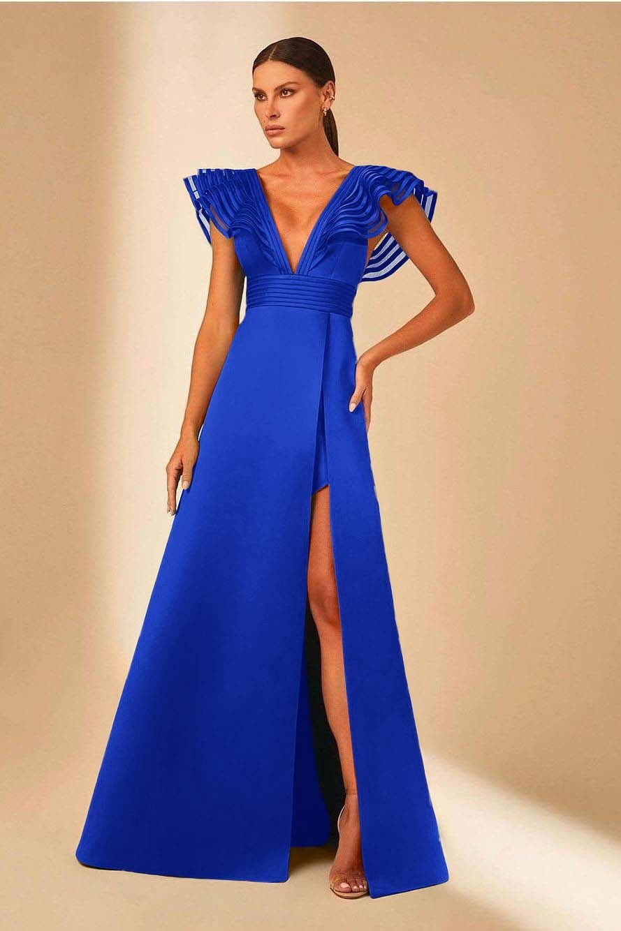 Deep V Neck Sleeveless A Line Long Prom Dress With Front Split