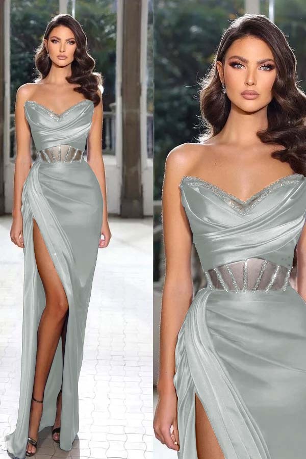 Strapless Sleeveless Long Mermaid Prom Dress With Split Pleated