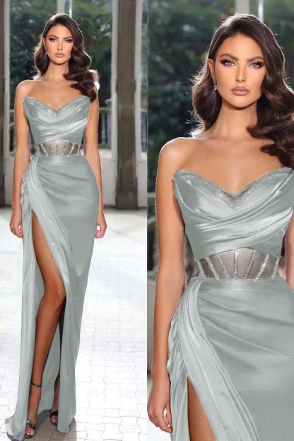 Strapless Sleeveless Long Mermaid Prom Dress With Split Pleated