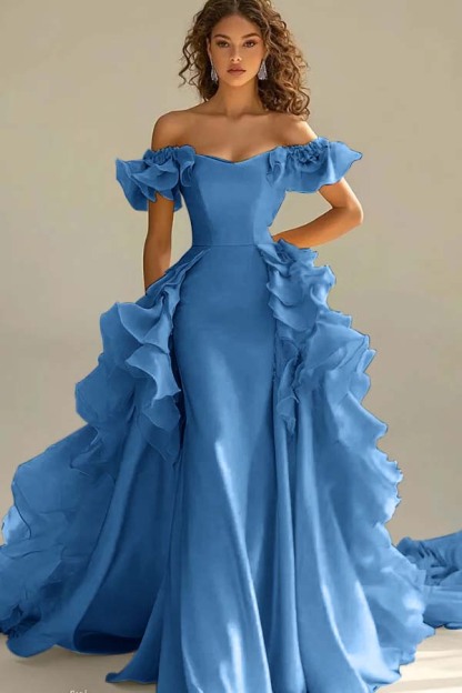 Off the Shoulder Sleeveless Long Mermaid Prom Dress With Ruffles