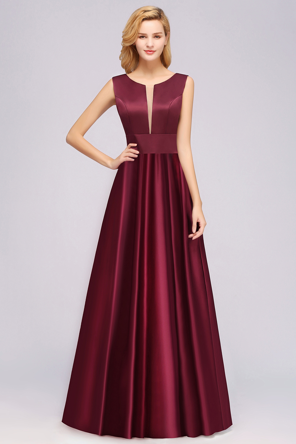 BMbridal Vintage Deep-V-Neck Long Burgundy Bridesmaid Dress Online-BMbridal