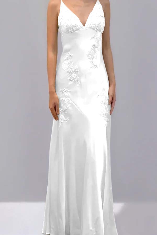 Spaghetti Strap V Neck Sleeveless Long Prom Dress With Appliques