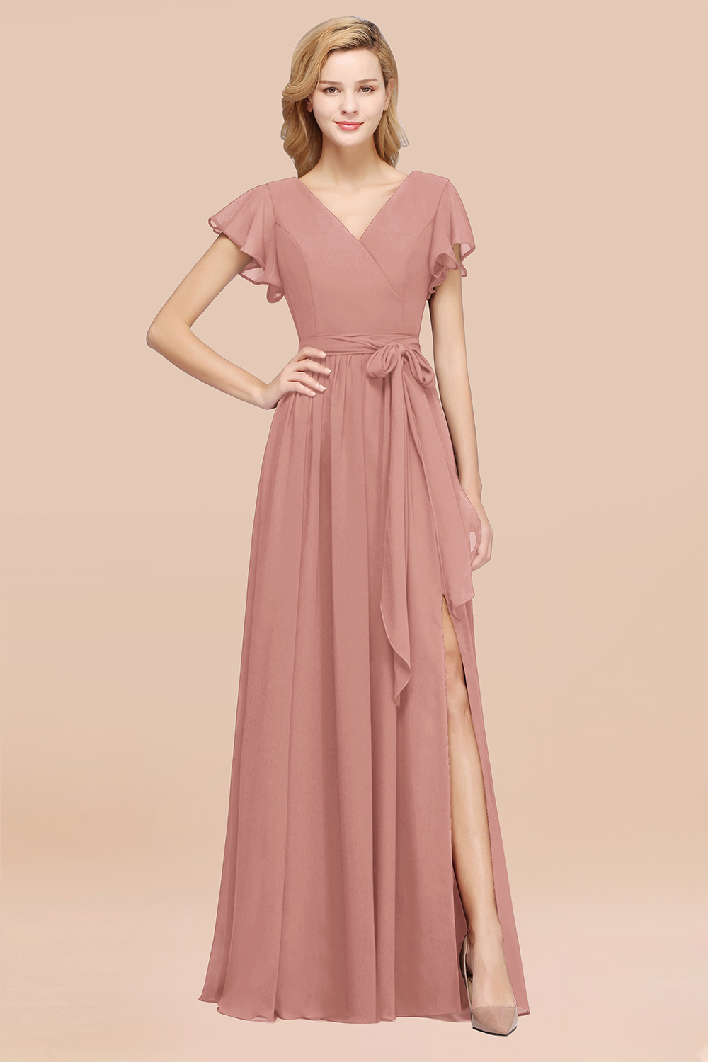 BMbridal Burgundy V-Neck Long Bridesmaid Dress With Short-Sleeves-BMbridal