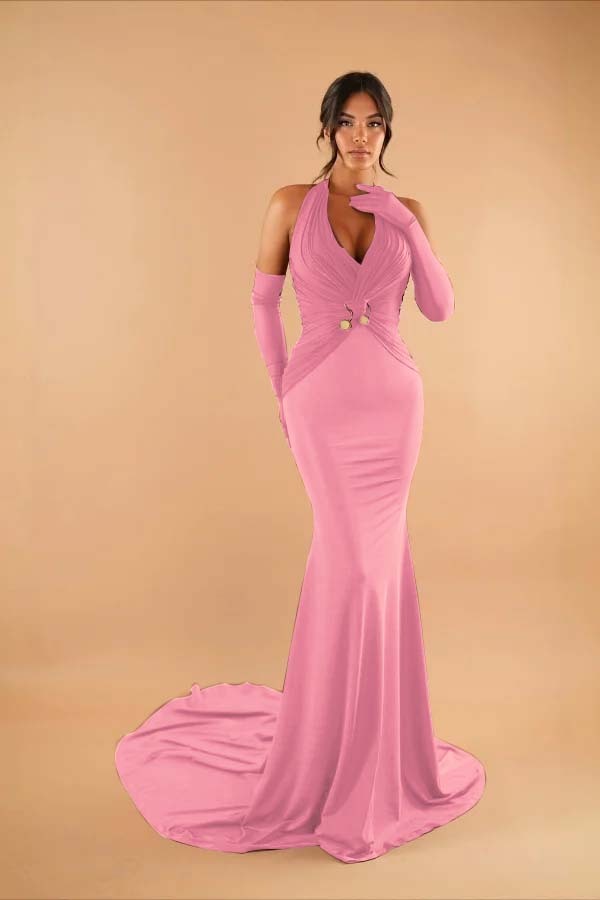 Halter Sleeveless Long Mermaid Prom Dress With Pleated Gloves