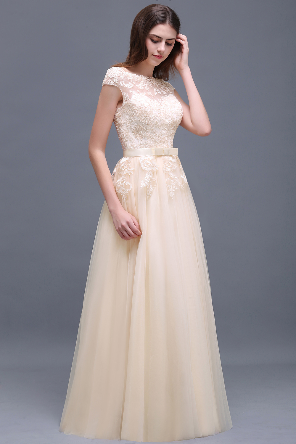 BMbridal Affordable Off-the-Shoulder Champagne Bridesmaid Dresses with Appliques-BMbridal