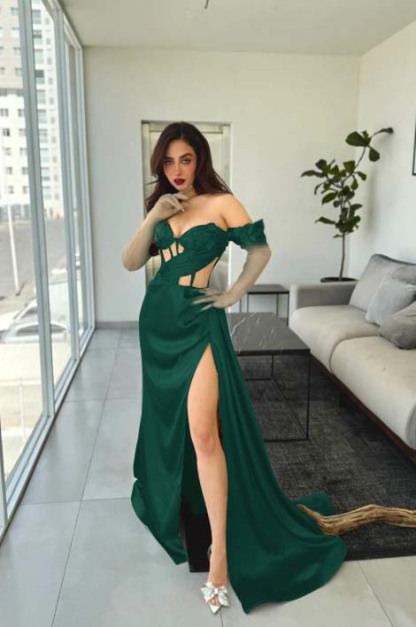 Off the Shoulder Sleeveless Long Mermaid Prom Dress With Gloves