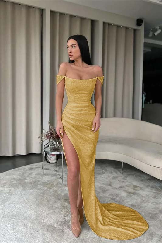 Off the Shoulder Sleeveless Mermaid Long Prom Dress With Split