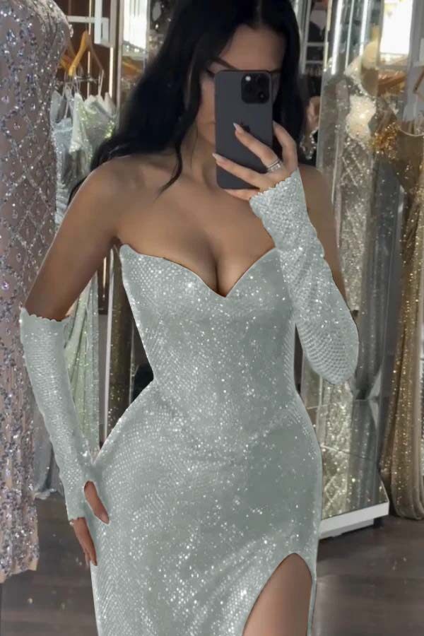 Sequin Strapless Long Mermaid Prom Dress With Split Detachable sleeves