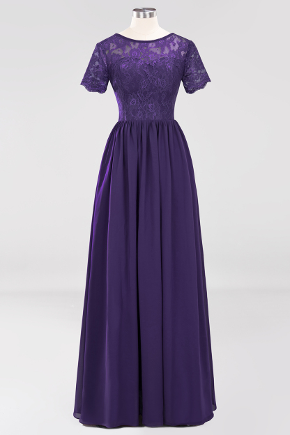 BMbridal Elegant Dark Navy Long Lace Bridesmaid Dresses with Short-Sleeves-BMbridal