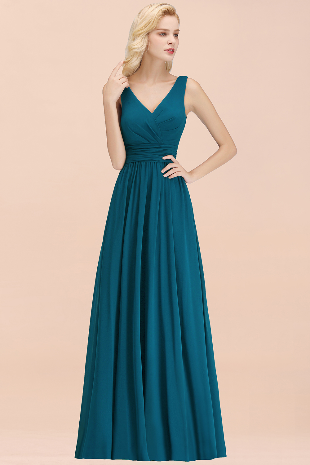 BMbridal Modest Sleeveless V-Neck Long Chiffon Bridesmaid Dress Online with Ruffle-BMbridal