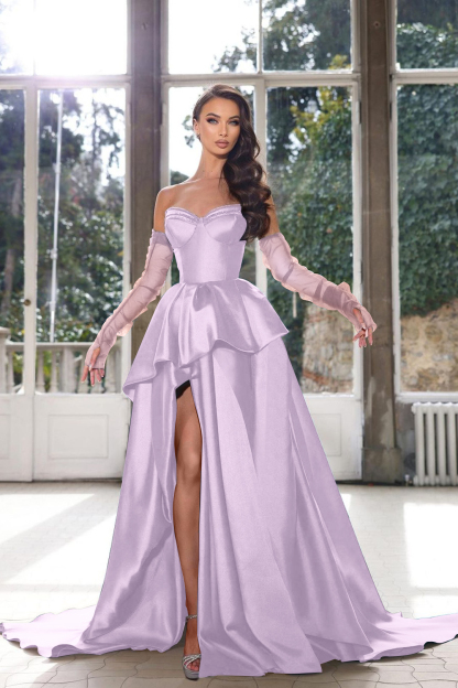 Glamorous Half Sleeves Ink Blue Prom Dress Strapless With High Split Gown