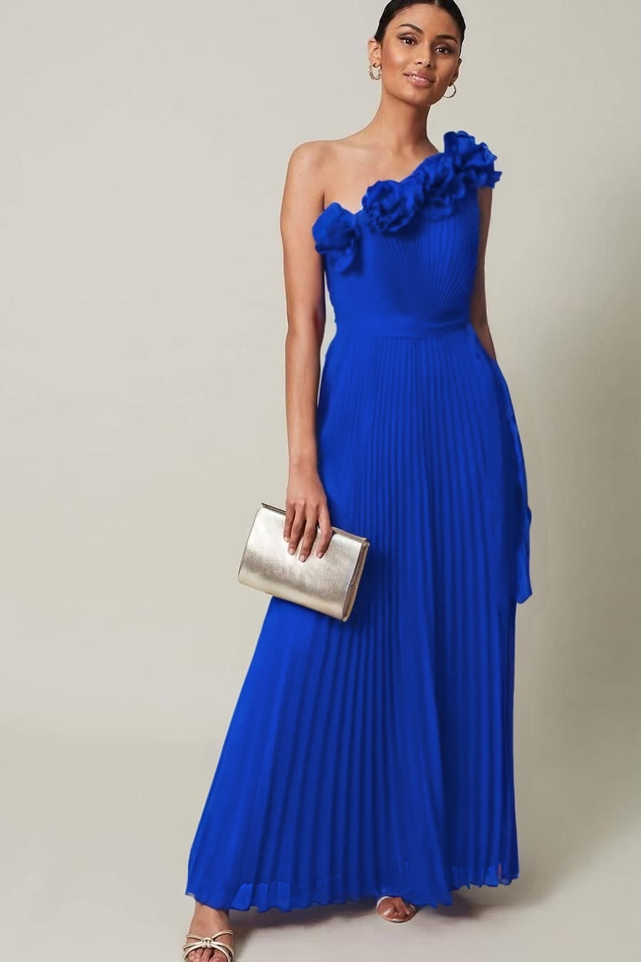 Chiffon One Shoulder Sleeveless Long Prom Dress With Pleated