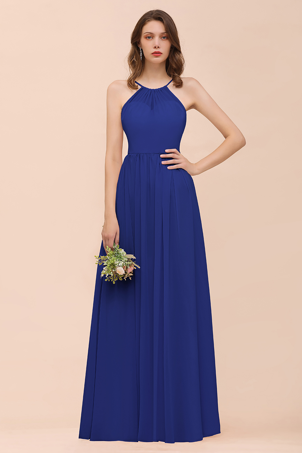 BMbridal Gorgeous Chiffon Halter Ruffle Affordable Long Bridesmaid Dress-BMbridal